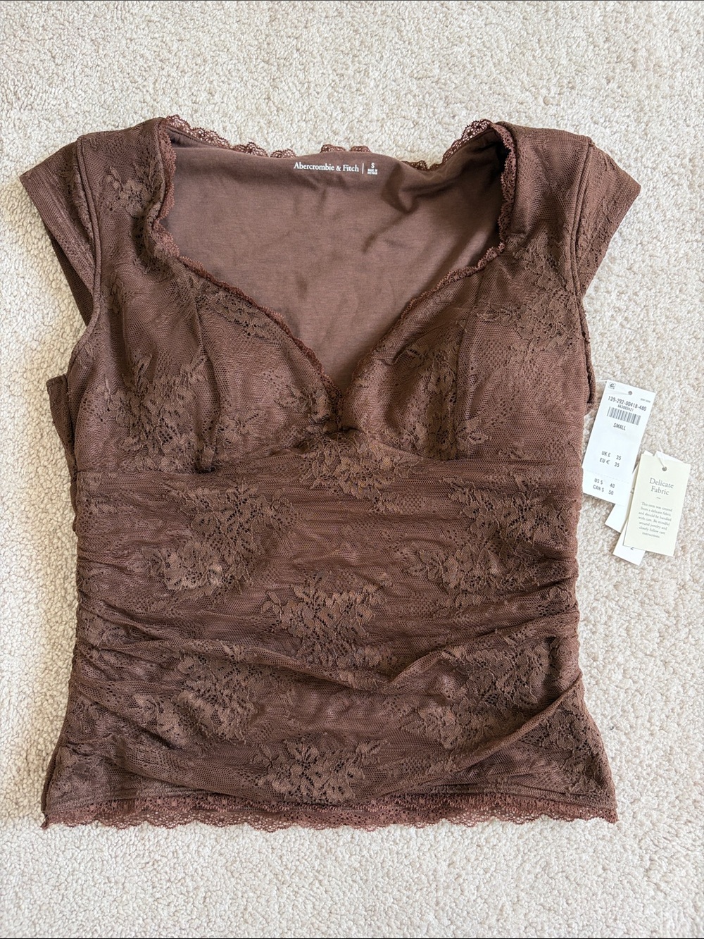 Abercrombie & Fitch Chocolate Brown Lace V-Neck Tee